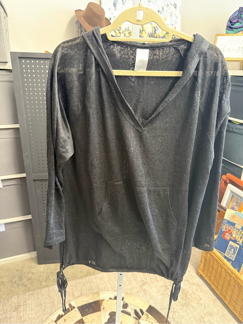 Kona Sol Black Lightweight V-Neck Hooded Pullover Cover Up